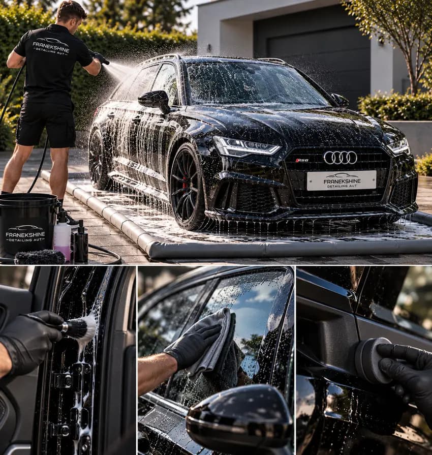 Detailer čistí kartáčkem dveřní práh a stírá okno černého Audi RS6