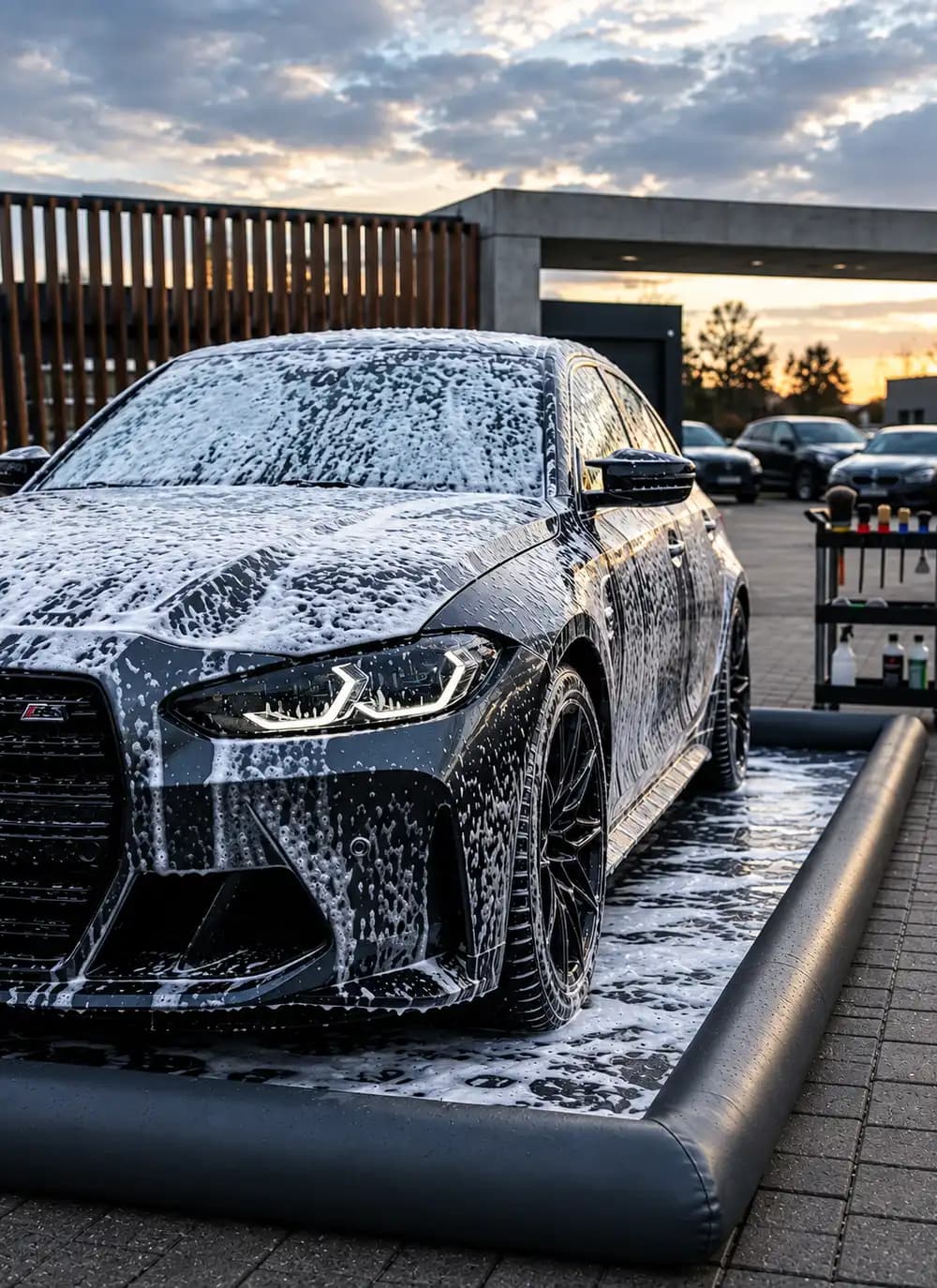 Tmavé BMW pokryté aktivní pěnou při ručním mytí exteriéru za soumraku