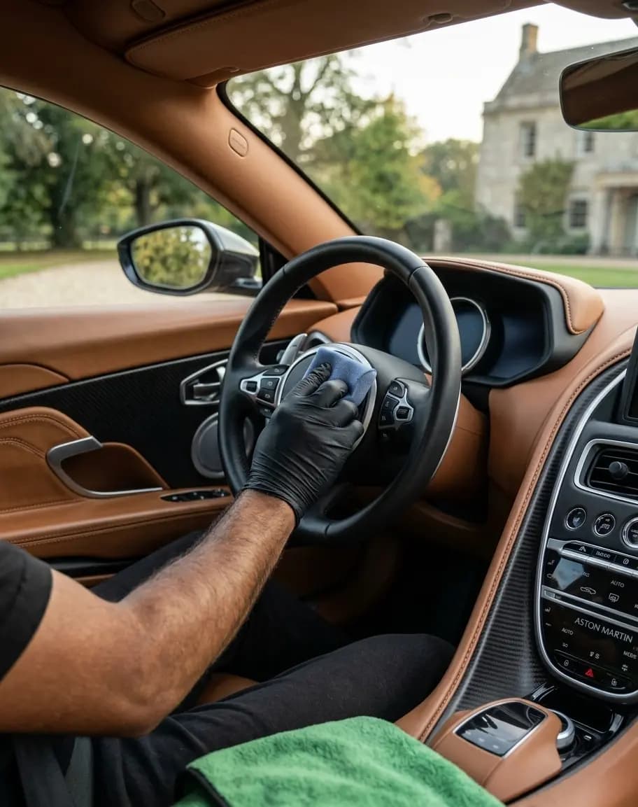 Ruka v černé rukavici otírá volant a kůži hnědého interiéru Aston Martin