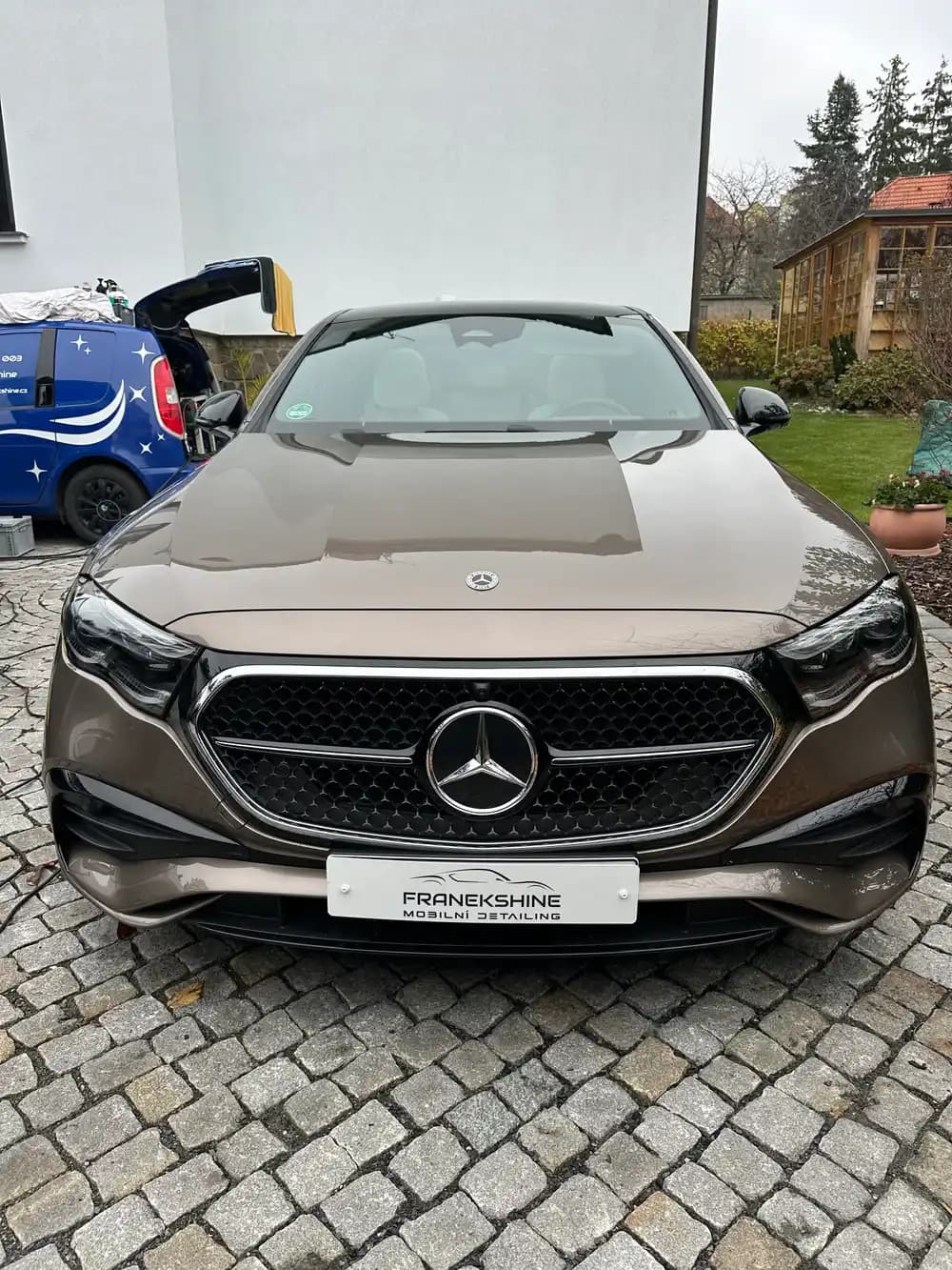 Hnědý Mercedes sedan zepředu za zataženého dne v zahradě