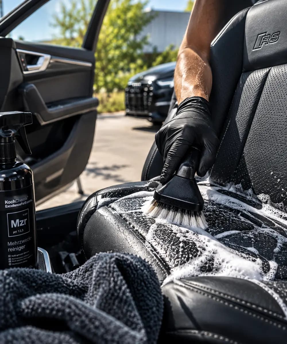 Ruka v rukavici drhne kartáčem zpěněné černé sedadlo Audi RS