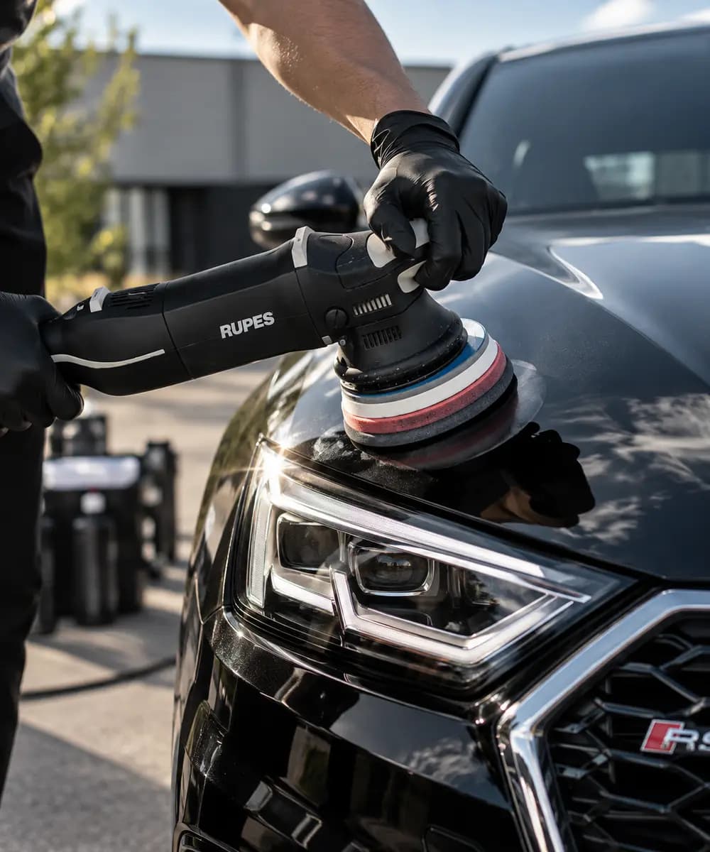 Leštička RUPES s růžovo-bílým kotoučem leští kapotu černého Audi RS